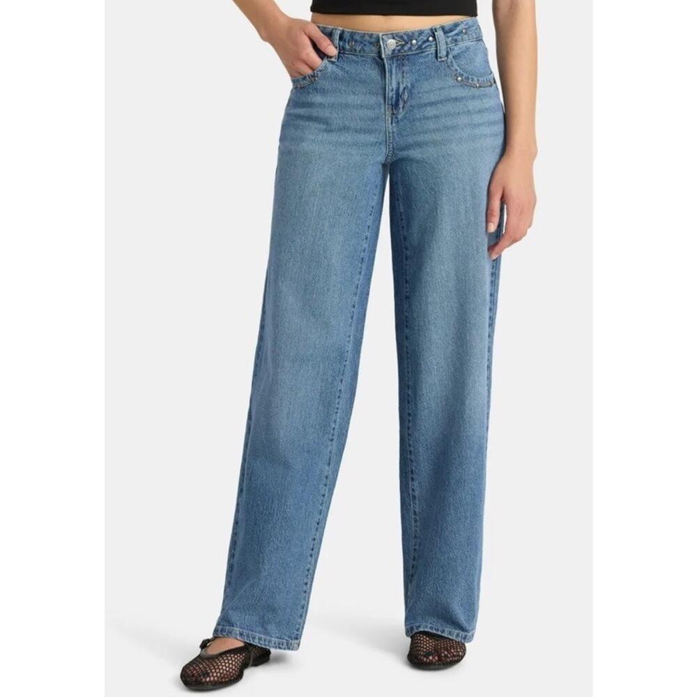 NWT No Boundaries Low Rise Baggy Relaxed Studded Jeans Size 00 Comfy & Stylish